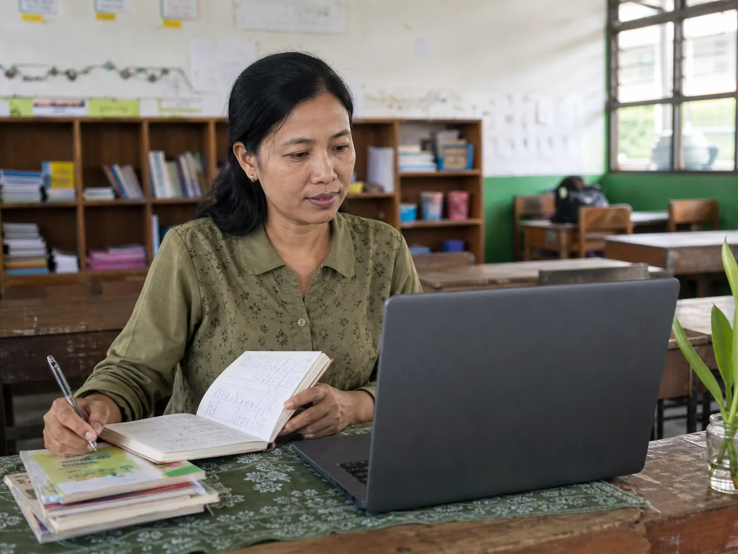 An Indonesian teacher planning lessons with a laptop and curriculum notes